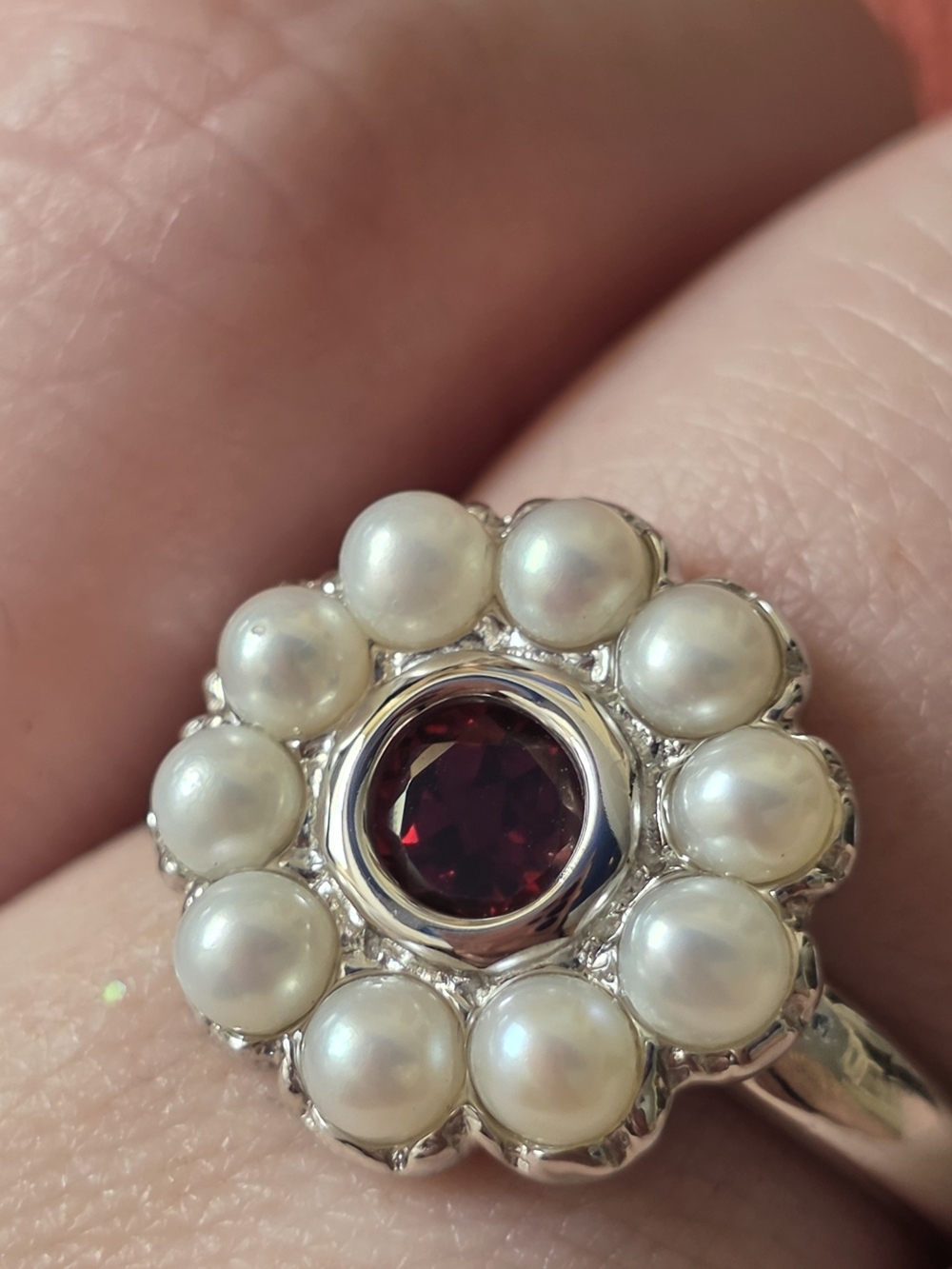 Pearl Halo Ring with Garnet Center -925 Sterling Ring